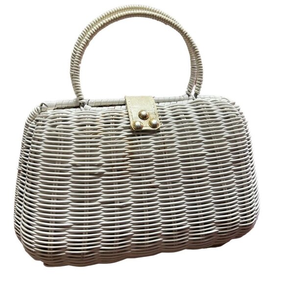 Miss Ellen Womens Vintage Basket Bag White Wicker Double Handle - Picture 12 of 12